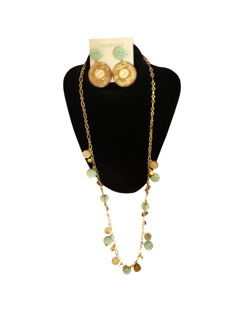 Talbots Gold Chain Necklace with Mint Green Beads and Matching Earrings